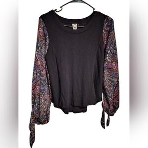 Anthropologie Black Blouse with Colorful Paisley Sleeves